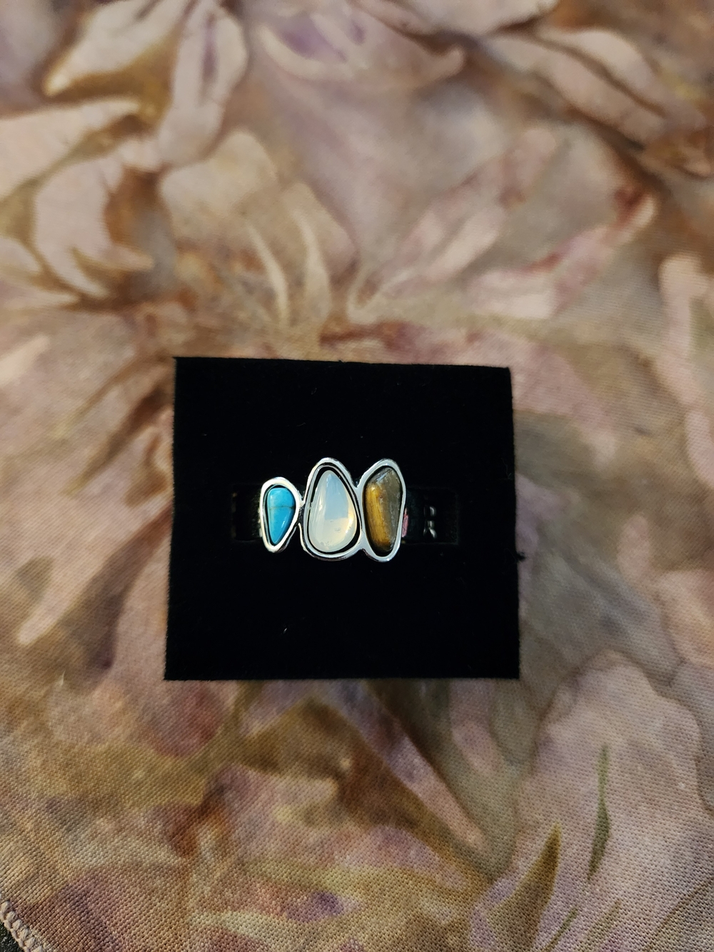 Three-Stone Silver Ring with Blue, White and Brown Stones